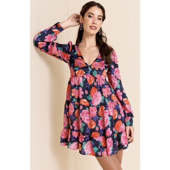francesca's Dresses & Skirts - Babydoll Minidress Bloom Size Small Floral Pink Satin Francesca’s Mi Ami Dress